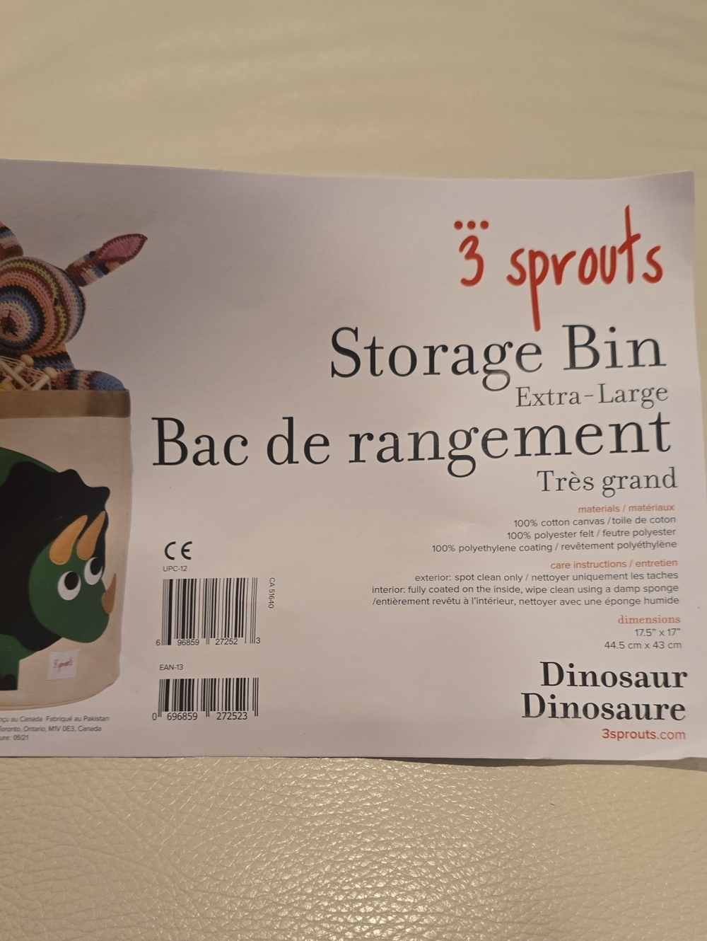 3 Sprouts Triceratops Dinosaur Extra Large Storage Bin - Picture 7 of 8